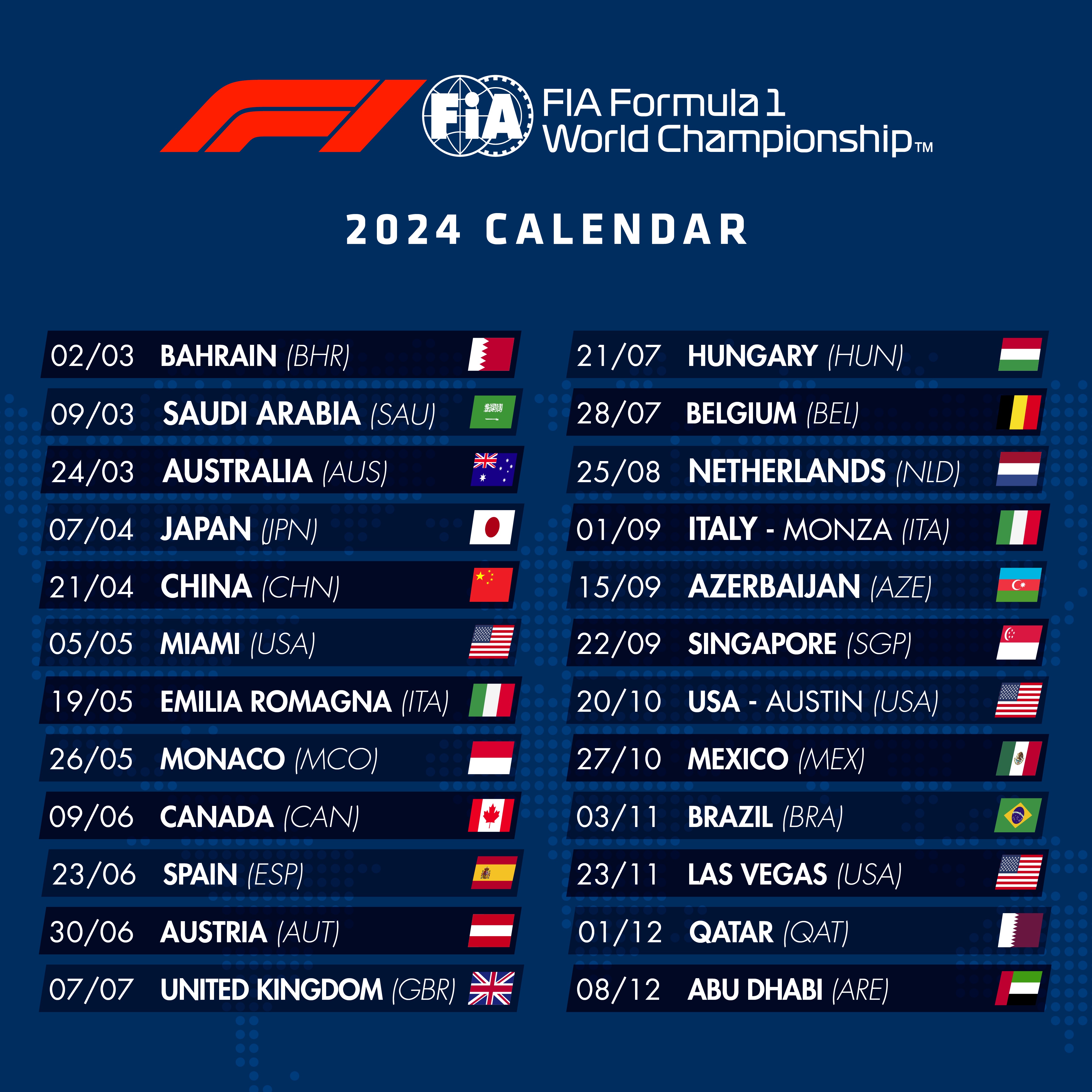 calendar for the 2024 FIA Formula One World Championship