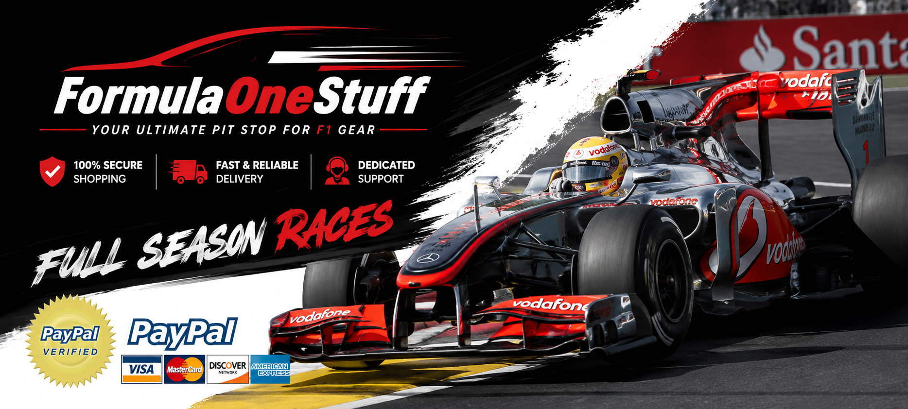 FormulaOneStuff banner — rare Formula 1 posters, helmets, DVDs & Ferrari collectibles (1970–2025)