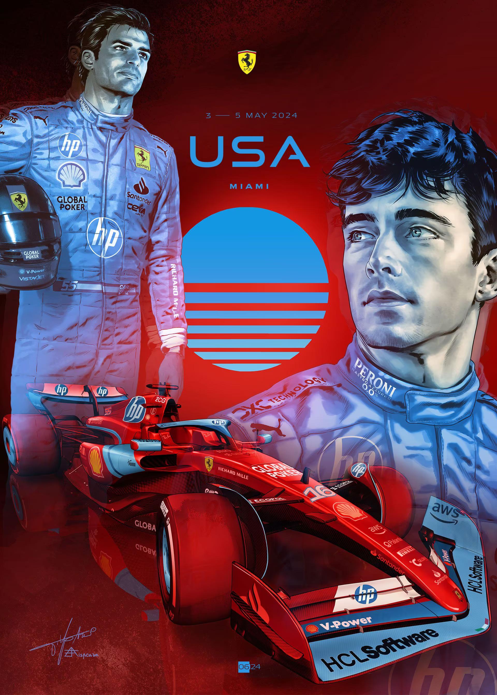  2024 Ferrari F1 RACE 6 Miami grand prix race cover art poster